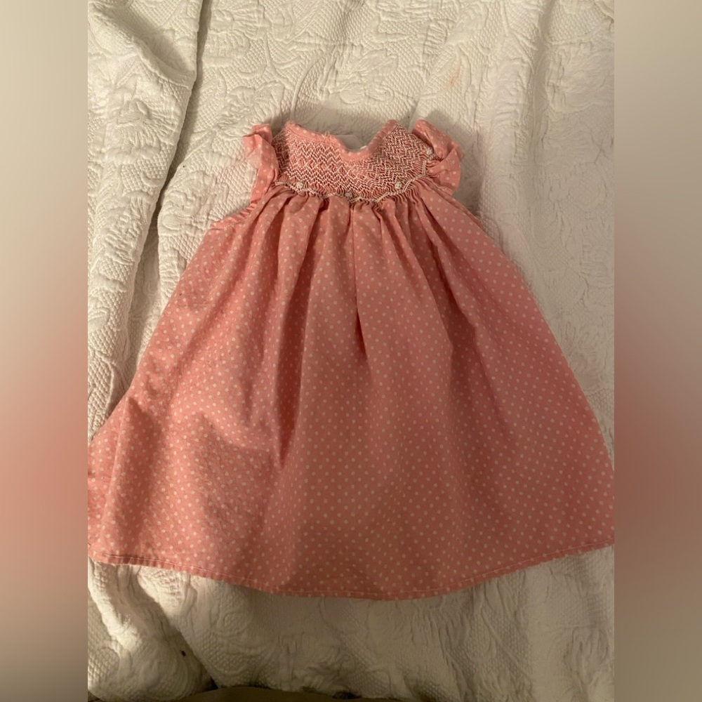 Smocked Pink and White Polka Dot dress